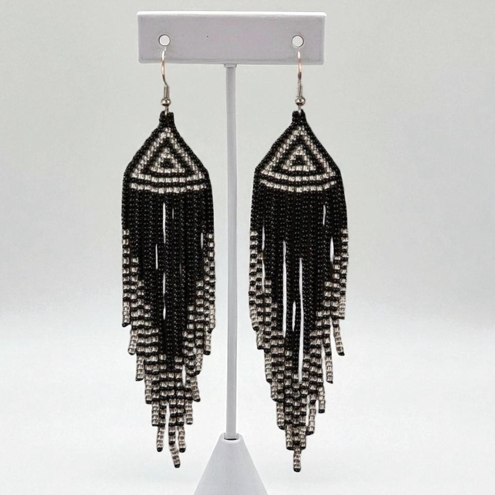Black and Silver Uniquely Patterned  Beaded Tassel Earrings. New.